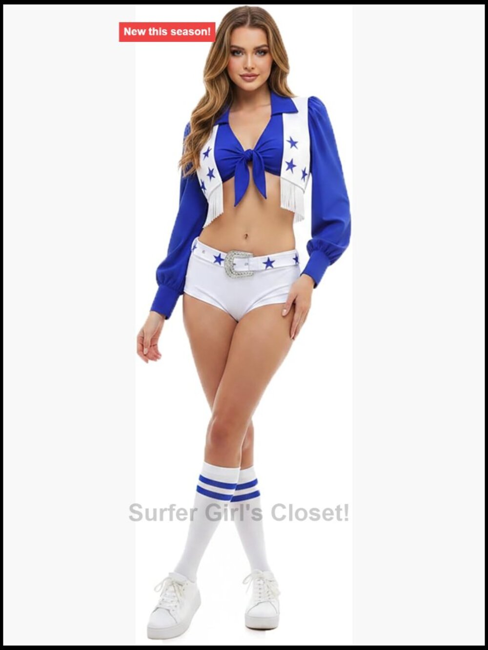 Cheerleader Costume Set Long Sleeve Tie-Front Crop Top Shorts Vest Belt